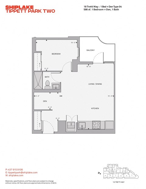 Floor plan for 1 bed, 1 bath, 587 sqft